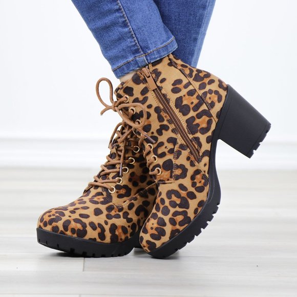 Lace-Up Lug Chunky Block High Heel Ankle Boots Leopard Faux Suede - Picture 10 of 12